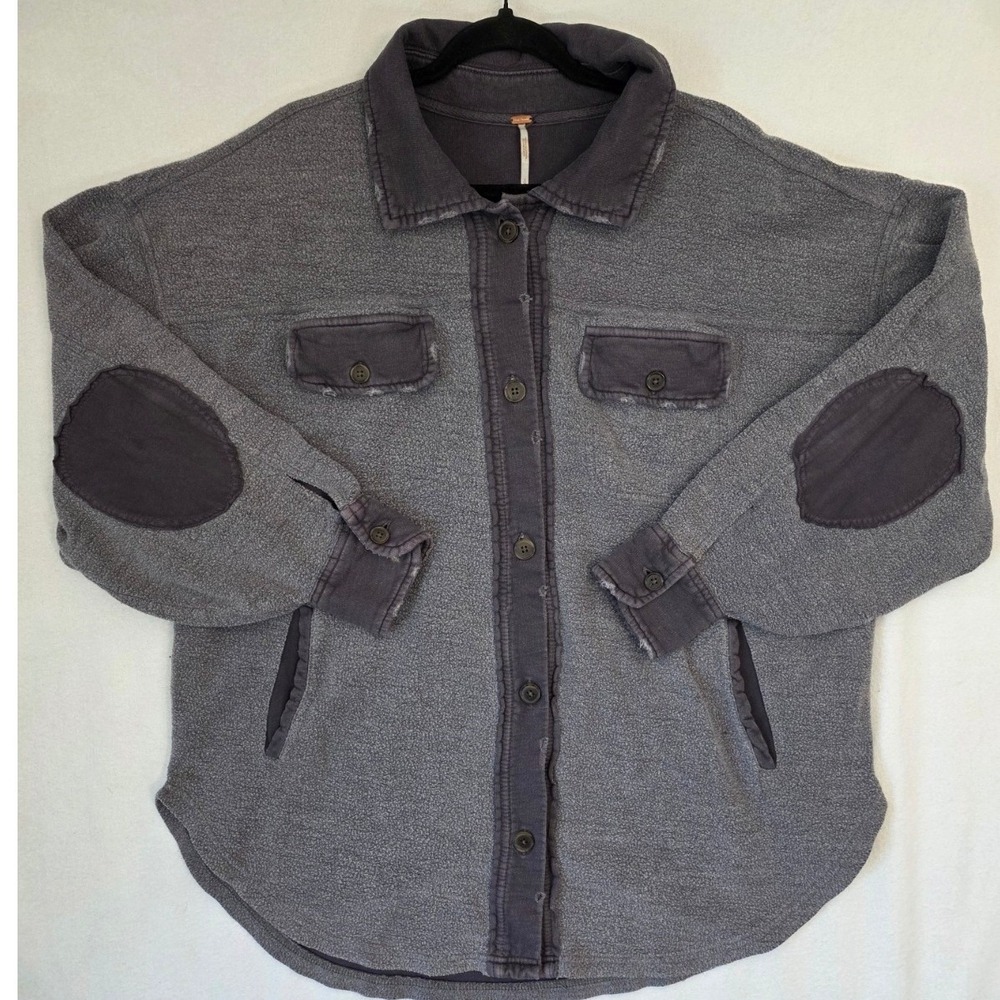 Free People Ruby Jacket Shacket Small Gray Cotton Fleece Oversized Elbow Patch